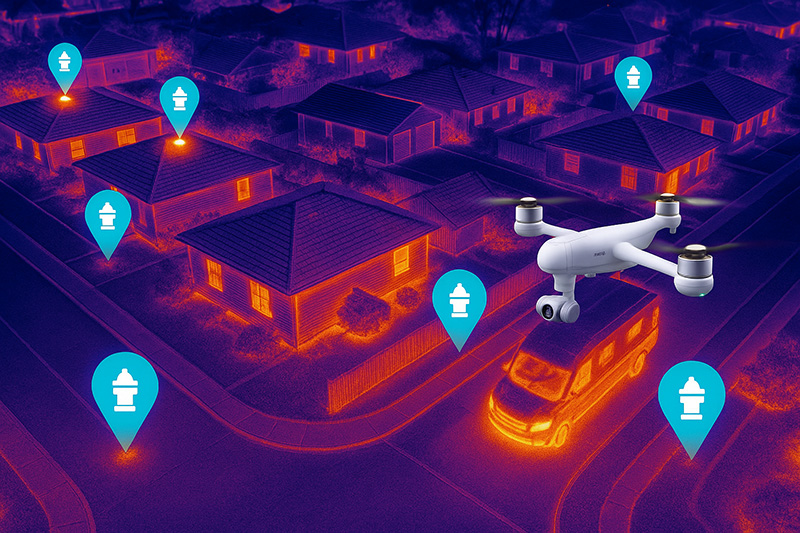 Thermal imaging view showing fire hydrant locations and heat signatures